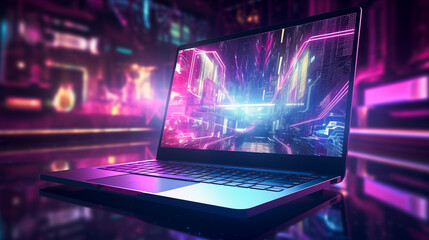 Futuristic illustration about computer technology with a laptop in neon colors. For cover backgrounds, wallpapers and other modern projects - obrazy, fototapety, plakaty