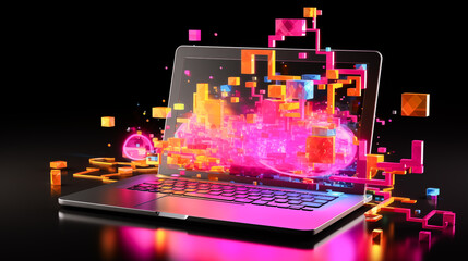 Futuristic illustration about computer technology with a laptop in neon colors. For cover backgrounds, wallpapers and other modern projects