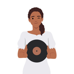 Woman holding vinyl record standing in music store near counter for collectors of retro records. Flat vector illustration isolated on white background