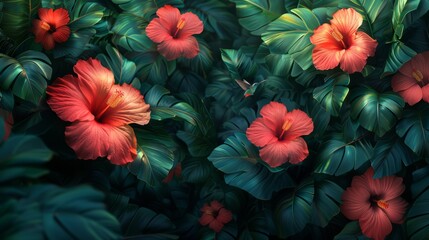 Hawaiian hibiscus flowers amidst lush green leaves in a natural setting