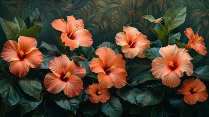 Obraz na płótnie Canvas Peach flowers with green leaves on a dark background, from the Canna family