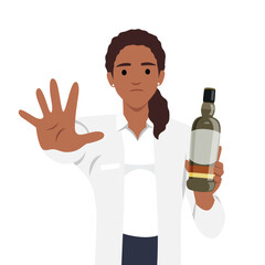 Young woman doctor asking no or stop to alcohol because it is unhealthy. Flat vector illustration isolated on white background