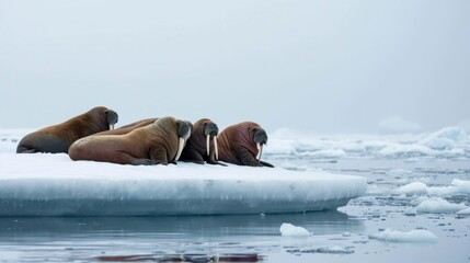 Fototapeta premium Group of walruses resting on a floating ice platform
