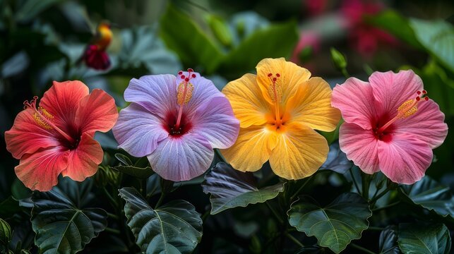 Vibrant hibiscus flowers bloom in a garden, adding color to the landscape
