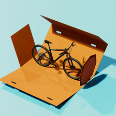 Surreal Image of a Mountain Bike Partially Emerging from an Orange Cardboard Box - 767118957