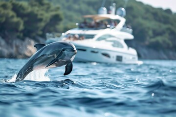 dolphin leaping beside a yacht as guests watch - obrazy, fototapety, plakaty