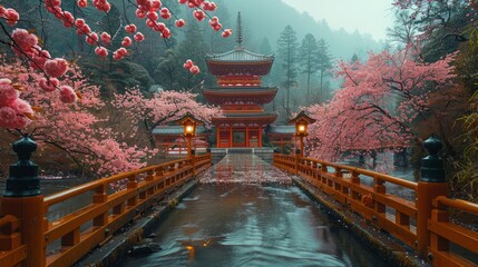 A bridge over water connects to a temple amidst cherry blossom trees in a city