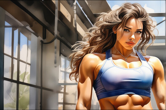 Woman with muscular athletic body and six-pack abs. Hand-drawn picture. Watercolor effect.