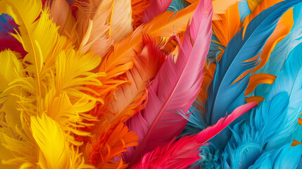 A colorful array of feathers with a rainbow of colors. The feathers are arranged in a way that creates a sense of movement and energy. The image conveys a feeling of freedom and joy