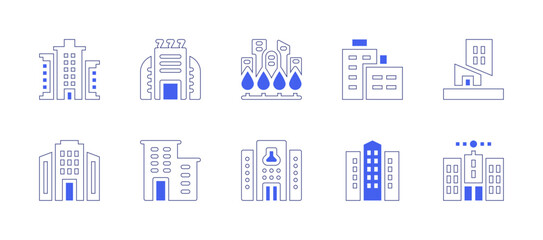 Building icon set. Duotone style line stroke and bold. Vector illustration. Containing building, casino, office building, greens, laboratory, building trade.