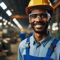 The image portrays an African American engineer in a helmet and safety glasses, set against an industrial backdrop