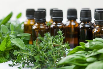 rows of essential oil bottles with fresh herbs in the foreground