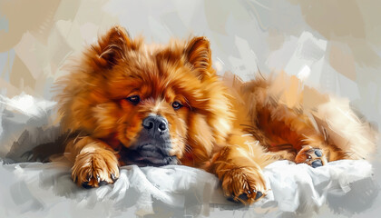 Painting of brown chow chow dog lying down on white sheet. - obrazy, fototapety, plakaty