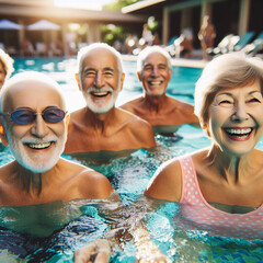 A group of elderly happy and joyful pensioners swim in the outdoor pool on a summer day. - obrazy, fototapety, plakaty