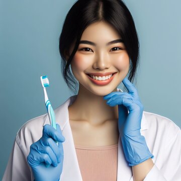 A beautiful young Asian woman dentist is depicted holding a toothbrush and toothpaste, exemplifying oral hygiene and dental care. This image conveys professionalism and emphasizes the importance of ma