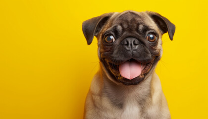 Funny pug dog with opened mouth against yellow wall with copy space.