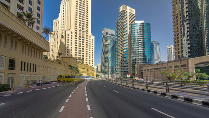 Fototapeta na wymiar A view of traffic on the street at Jumeirah Beach Residence and Dubai marina timelapse hyperlapse, United Arab Emirates.