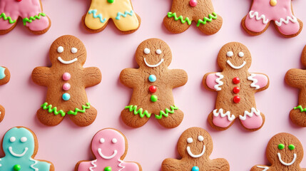 Naklejka premium A row of gingerbread men with green and pink icing on their faces. The icing is decorated with white stars