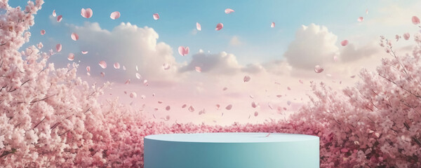 Light blue Podium for product presentation with petals of sakura, cherry bloosom background, springtime, Generative AI