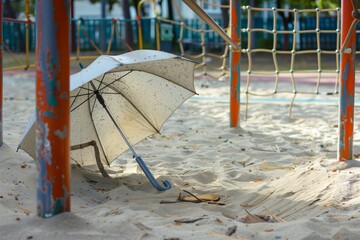 open umbrella deserted in a playground sandbox