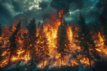 A forest fire is raging through a wooded area, with trees on fire and smoke billowing into the sky. The scene is intense and chaotic, with the flames spreading rapidly