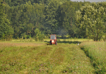 Traktor na polu, koszenie trawy, sianokosy