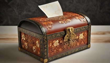 wooden box.an elegant and functional tissue paper box case with a European flair, featuring intricate patterns, ornate detailing, and luxurious materials like embossed leather or polished wood, bringi - obrazy, fototapety, plakaty