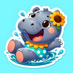 cartoon sticker of a carefree hippo character wearing a sunflower necklace, animal sticker