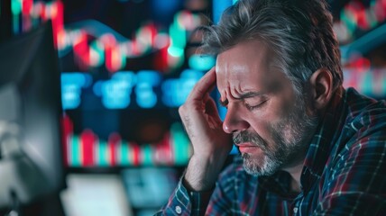 A middle-aged man sits stressed after being disappointed by the low price of the stock he bought.