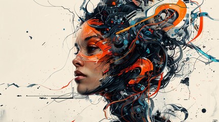 a surreal cyberpunk masterpiece with a woman's head, bursting with vibrant colors and intricate black-and-white details. Utilize three-dimensional effects to amplify the surrealism