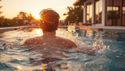 Sunset Swim - Man Enjoying Pool Time - obrazy, fototapety, plakaty