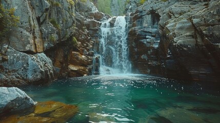 The environment: A majestic waterfall cascading down a rocky cliff into a crystal-clear pool below