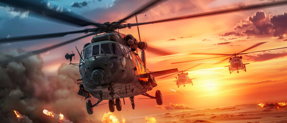 Helicopters silhouetted against a fiery desert sunset, casting a dramatic scene that highlights the urgency and strategic importance of a critical military operation.