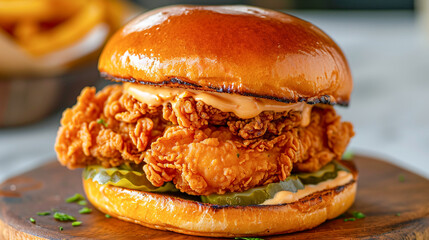 Delicious chicken sandwich with crunchy fried chicken breast pickles in spicy mayo sauce in a fresh brioche bun. Traditional American cuisine dish