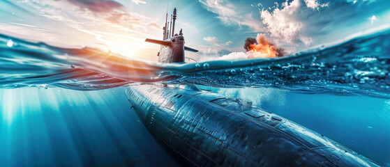Generic military nuclear submarine in the ocean, launching an undersea torpedo missile, ideal for wide banner formats with copy space.
 - obrazy, fototapety, plakaty