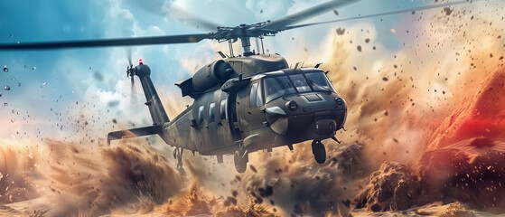A combat chopper expertly navigates through a treacherous sandstorm, poised and ready for extraction, showcasing its readiness for critical military operations in challenging environments.
 - obrazy, fototapety, plakaty