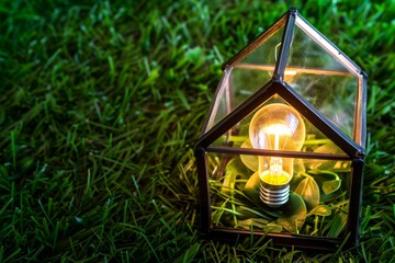 light bulb glowing inside mini glass house on grass - obrazy, fototapety, plakaty
