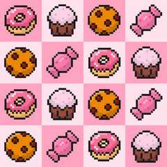 sweets seamless pattern, pixel donut, cupcake, cookie, candy, 8 bit, old arcade game style, sweet food background, wallpaper, vector illustration