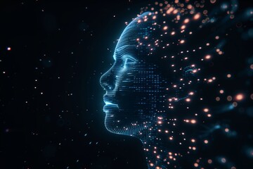 Human head with glowing binary code inside, representing fusion of technology and consciousness. Futuristic artificial intelligence, AI, cyberspace.