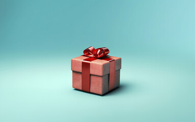 Small red present for Christmas and New Year holidays. Red gift box in glitter paper, red ribbon box on top. Light blue solid background with copy space. - Powered by Adobe