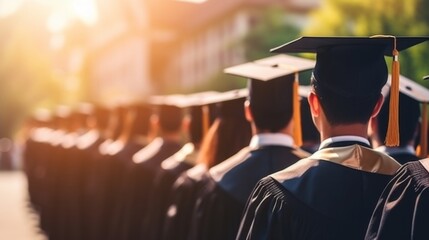 Happy graduating international students wearing bachelor gowns and mortar boards, education concept, candid moment of graduation day ceremony