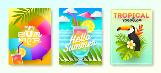Fototapeta na wymiar Set of tropical vacation and summer holidays design for posters or greeting card. Vector illustration.