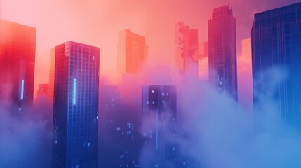  a blue abstract background with tall buildings in a cloud punk style. This is the first version designed in Blender, featuring a simple background with light red and orange hues - obrazy, fototapety, plakaty
