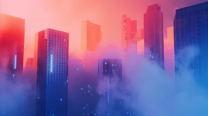 Foto op Plexiglas  a blue abstract background with tall buildings in a cloud punk style. This is the first version designed in Blender, featuring a simple background with light red and orange hues © growth.ai