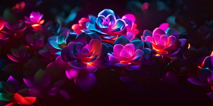 A succulent plant is illuminated with neon light effects, giving the image a captivating, otherworldly aesthetic 4K Video