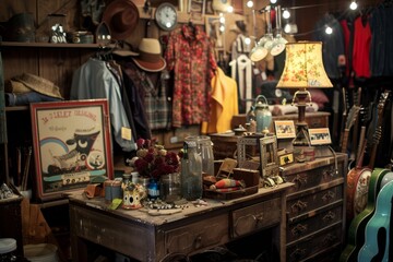 A room filled with vintage clothing, furniture, and collectibles being sold by vendors at a flea market