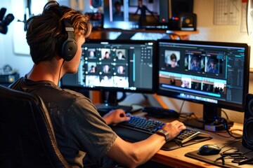 A man sits in front of a computer monitor wearing headphones, engaged in video editing work