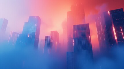  a blue abstract background with tall buildings in a cloud punk style. This is the first version designed in Blender, featuring a simple background with light red and orange hues