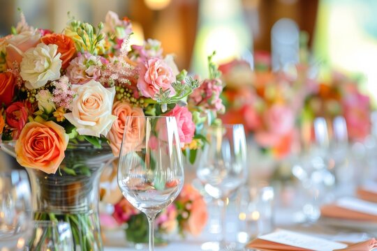 A table set with a vase of flowers and wine glasses, showcasing elegant wedding reception decor