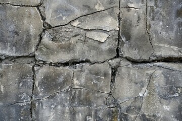 A weathered stone wall with visible cracks and fissures running through it, showing signs of age and wear